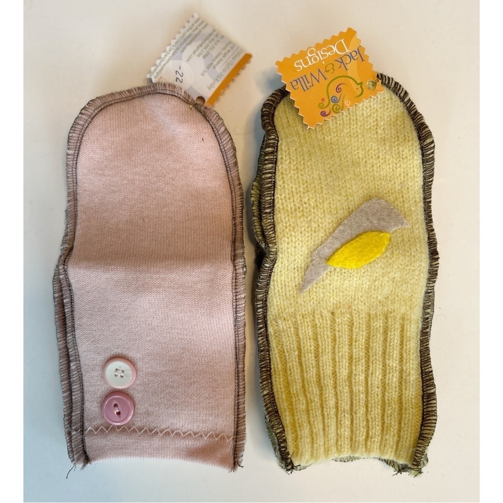 Handmade Recycled Wool Mittens in Yellow and Pink Size Small
